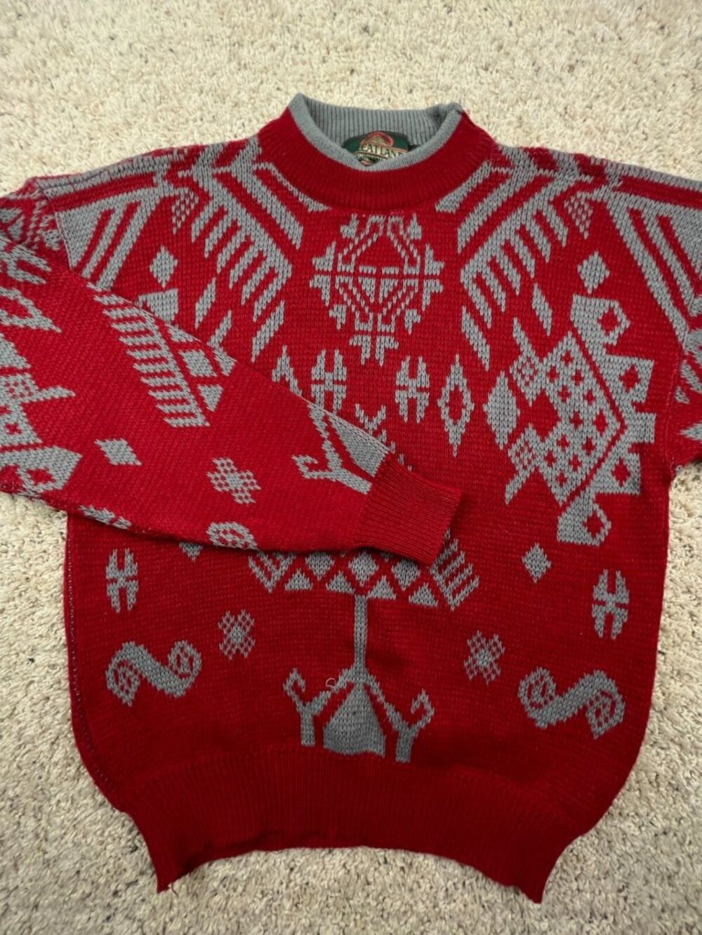 VTG Greatland Sportswear Knit Sweater Red Gray Geometric Christmas Size Medium